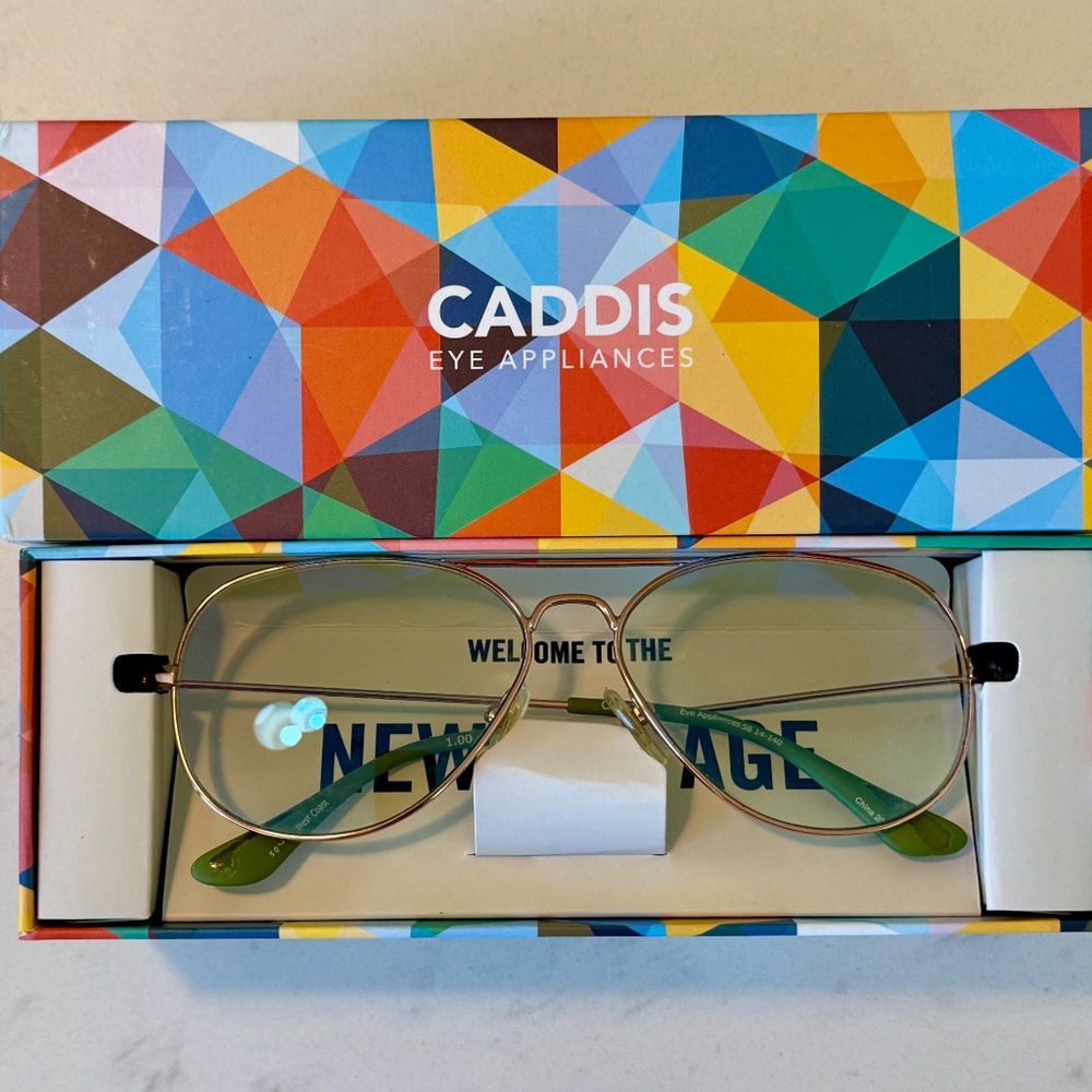 Gently preowned Caddis Mabuhay Green/Rose Gold readers +1.00 magnification